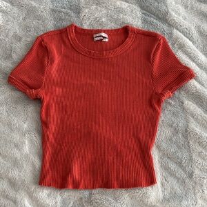 Urban Outfitters Orange Ribbed Short Sleeve Tee